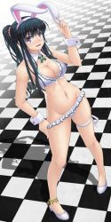 Rule 34 | 1girl, adjusting clothes, adjusting swimsuit, animal ears, bikini, black hair, blush, brown eyes, checkered floor, clothes pull, detached collar, floor, frilled bikini, frills, front-tie top, high heels, highres, long hair, navel, one-piece swimsuit pull, original, ponytail, rabbit ears, rabbit girl, ribbon, shiny skin, skindentation, solo, sunago, swimsuit, wide hips, wrist cuffs