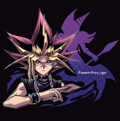 Rule 34 | 1boy, artist name, black background, black hair, blonde hair, bracelet, bright pupils, card, chain, closed mouth, commentary request, dark magician, dyed bangs, hand up, holding, holding card, jewelry, male focus, multicolored hair, outline, shirt, simple background, soya (sys ygo), spiked hair, upper body, yami yugi, yu-gi-oh!, yu-gi-oh! duel monsters