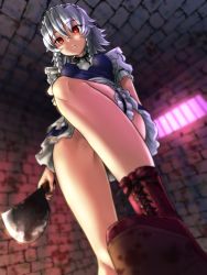 Rule 34 | 1girl, boots, braid, breasts, cleaver, cross-laced footwear, covered erect nipples, from below, grey hair, impossible clothes, izayoi sakuya, kezune (i- -i), bridal garter, legs, looking at viewer, maid, medium breasts, no panties, pov, red eyes, solo, stepping, thigh strap, touhou, twin braids