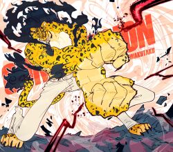 Rule 34 | 1boy, alternate form, artist name, black fire, black hair, claws, clenched hands, commentary, commission, english commentary, english text, facial hair, fighting stance, fire, furry, furry male, goatee, grin, highres, leopard boy, long hair, male focus, one piece, pants, red eyes, rob lucci, rubble, sharp teeth, smile, taku (aywakutakuay), teeth, white pants