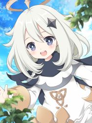 Rule 34 | 1girl, :d, ayamisiro, black cape, blue sky, blush, cape, cloud, commentary request, day, dress, genshin impact, grey eyes, grey hair, hair between eyes, halo, highres, long hair, long sleeves, open mouth, outdoors, paimon (genshin impact), puffy long sleeves, puffy sleeves, round teeth, sky, smile, solo, teeth, upper teeth only, white dress