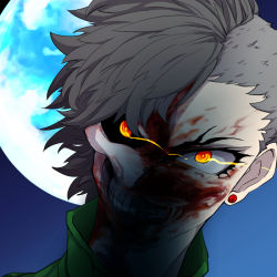 Rule 34 | 1boy, artist request, bad id, bad pixiv id, black sclera, blood, blood on face, colored sclera, crazy eyes, crazy smile, ear piercing, glowing, glowing eyes, light trail, male focus, moon, nanashi (megami tensei), orange eyes, piercing, shin megami tensei, shin megami tensei iv, shin megami tensei iv final, skull, smile, solo, split theme, teeth