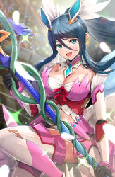 Rule 34 | 1girl, :d, black gloves, blue eyes, blue hair, breasts, clothing cutout, commentary, feathers, fire emblem, gloves, gonzarez, hair ornament, hairclip, highres, holding, holding weapon, large breasts, long hair, looking at viewer, magical girl, navel, navel cutout, nintendo, open mouth, oribe tsubasa, ponytail, revision, smile, solo, sparkle, thighhighs, tokyo mirage sessions fe, weapon
