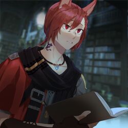 Rule 34 | 1boy, black scarf, book, braid, brown gloves, final fantasy, final fantasy xiv, fingerless gloves, g&#039;raha tia, gg dal, gloves, holding, holding book, indoors, library, male focus, miqo&#039;te, neck tattoo, open book, parted lips, red eyes, red hair, scarf, solo, tattoo