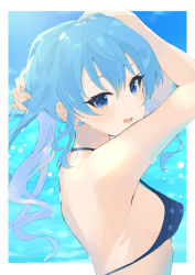 Rule 34 | 1girl, alternate costume, aqua hair, arms up, bikini, blue bikini, blue eyes, blue sky, breasts, commentary, day, earrings, from side, hair between eyes, halterneck, highres, hinata (hinata-ur), hololive, hoshimachi suisei, jewelry, looking at viewer, medium breasts, medium hair, ocean, open mouth, outdoors, sky, smile, solo, star (symbol), star earrings, star in eye, sunlight, swimsuit, symbol in eye, upper body, virtual youtuber