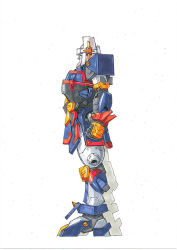 Rule 34 | blue eyes, clenched hand, frame arms, from side, kenshin (frame arms), mecha, no humans, official art, ookawara kunio, robot, science fiction, solo, standing, thrusters, white background