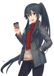 Rule 34 | 10s, 1girl, :d, absurdres, alternate costume, beige sweater, black hair, black pants, breasts, cowboy shot, cup, disposable coffee cup, disposable cup, floating hair, grey jacket, hair between eyes, hair ornament, hand in pocket, high ponytail, highres, holding, jacket, kantai collection, konishi (koconatu), large breasts, long hair, looking at viewer, official art, open clothes, open jacket, open mouth, pants, red eyes, red scarf, ringed eyes, scarf, simple background, smile, solo, standing, sweater, very long hair, white background, yahagi (kancolle)