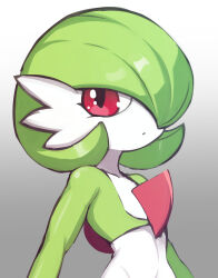 Rule 34 | 1girl, arms at sides, bob cut, closed mouth, collarbone, colored skin, creatures (company), expressionless, female focus, flat chest, game freak, gardevoir, gen 3 pokemon, gradient background, green hair, green skin, grey background, hair over one eye, highres, looking at viewer, multicolored skin, nintendo, one eye covered, pokemon, pokemon (creature), red eyes, samimitan, short hair, simple background, solo, standing, two-tone skin, upper body, white skin