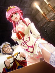 Rule 34 | 00s, 1boy, 1girl, arms behind back, bdsm, bondage, bound, box tie, breasts, censored, dutch angle, garter straps, censored, indoors, kijoku princess double kari, large breasts, looking at viewer, mosaic censoring, open mouth, panties, pink hair, princess, princess disgrace, side-tie panties, tears, thighhighs, torn clothes, underwear, whip, whip marks, wooden horse, yellow eyes