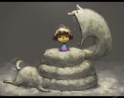 Rule 34 | androgynous, brown hair, coiled, commentary request, dog, frisk (undertale), gender request, koto inari, lesser dog, letterboxed, shirt, short hair, snow, striped clothes, striped shirt, tail, tail wagging, undertale