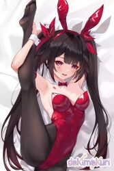 Rule 34 | 1girl, animal ears, armpits, arms up, bare shoulders, bed sheet, black hair, black pantyhose, bow, bowtie, breasts, chest tattoo, cleavage, commentary request, detached collar, facial mark, fake animal ears, hairband, highres, honkai: star rail, honkai (series), leg up, leotard, long hair, looking at viewer, lying, matrix16, on back, pantyhose, pink eyes, playboy bunny, rabbit ears, red bow, red bowtie, red hairband, red leotard, small breasts, solo, sparkle (honkai: star rail), strapless, strapless leotard, tattoo, thighs, twintails, very long hair