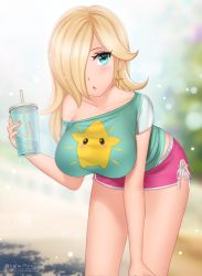 Rule 34 | 1girl, :o, alternate costume, aqua shirt, bare legs, bare shoulders, bent over, blonde hair, blue eyes, blurry, blurry background, blush, breasts, casual, collarbone, cowboy shot, cup, drink, drinking straw, gigamessy, hair over one eye, hanging breasts, highres, holding, holding cup, lace-up, large breasts, liquid, long hair, luma (mario), mario (series), midriff peek, nintendo, open mouth, pink shorts, print shirt, rosalina, shirt, shirt slip, short shorts, short sleeves, shorts, side slit, solo, super mario galaxy, taut clothes, taut shirt
