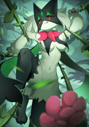 Rule 34 | 1girl, absurdres, blush, cape, claws, creatures (company), flong, flower, furry, furry female, game freak, green fur, green hair, highres, licking, licking lips, mask, meowscarada, navel, nintendo, pokemon, pokemon (creature), red eyes, smile, tongue, tongue out