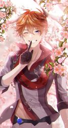 Rule 34 | &gt; o, 1boy, 364 holidays, absurdres, bad id, bad pixiv id, belt, black gloves, blue eyes, blush, day, earrings, finger to mouth, floral background, flower, genshin impact, gloves, grey jacket, grey pants, half gloves, hand up, highres, jacket, jewelry, looking at viewer, male focus, mask, mask on head, one eye closed, orange hair, outdoors, pants, pink flower, red mask, red scarf, scarf, short hair, shushing, single earring, smile, solo, tartaglia (genshin impact), teeth, twitter username