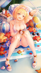 Rule 34 | 10s, 1girl, arm up, ball, beachball, blonde hair, blush, bob cut, breasts, cleavage, collarbone, commentary request, djeeta (granblue fantasy), djeeta (summer) (granblue fantasy), unworn eyewear, fang, flower, food, full body, granblue fantasy, hair flower, hair ornament, hairband, hat, unworn hat, unworn headwear, highres, ice cream, looking at viewer, medium breasts, open mouth, petals, revision, sandals, short hair, sitting, solo, spoon, straw hat, sunglasses, swimsuit, wakaba (945599620), white hairband, yellow eyes