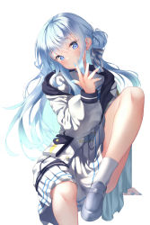 Rule 34 | 1girl, absurdres, blue eyes, blue hair, blue nails, blush, commentary, earrings, english commentary, foot out of frame, grey footwear, hair bun, hair ribbon, hand up, head tilt, highres, hololive, hoshimachi suisei, hoshimachi suisei (school uniform), ijac ray, jacket, jewelry, knee up, long hair, long sleeves, looking at viewer, nail polish, open clothes, open jacket, pleated skirt, puffy long sleeves, puffy sleeves, ribbon, shoes, single hair bun, sitting, skirt, socks, solo, star (symbol), star in eye, symbol in eye, virtual youtuber, white jacket, white ribbon, white skirt, white socks