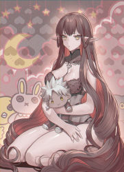 Rule 34 | 1girl, absurdly long hair, amakusa shirou (fate), bare shoulders, bitter jewel (fate/grand order), black bra, black hair, black panties, bra, breasts, character doll, cleavage, closed mouth, commentary request, detached collar, doll, eyelashes, fate/apocrypha, fate/grand order, fate (series), hair between eyes, heart, highres, large breasts, lingerie, long hair, looking at viewer, moon print, none (kameko227), hugging object, panties, pointy ears, seiza, semiramis (fate), sidelocks, sitting, slit pupils, solo, stuffed animal, stuffed bird, stuffed rabbit, stuffed toy, thighs, toy, underwear, very long hair, yellow eyes