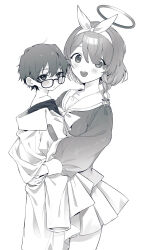 Rule 34 | 1boy, 1girl, aged down, arona (blue archive), blue archive, blush, braid, carrying, child, gawa1517025, glasses, greyscale, hair between eyes, hairband, halo, highres, long sleeves, looking at viewer, monochrome, open mouth, oversized clothes, parted lips, pleated skirt, problem solver sensei (blue archive), sailor collar, sash, school uniform, sensei (blue archive), serafuku, side braid, simple background, skirt