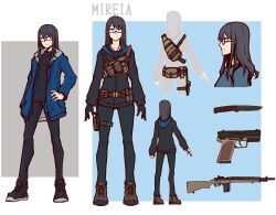 Rule 34 | 1girl, ammunition pouch, apakan, black-framed eyewear, black footwear, black hair, black jacket, black pants, black shirt, blue background, blue jacket, brown footwear, closed mouth, commentary request, glasses, grey background, grey eyes, gun, hand on own hip, handgun, highres, jacket, knife, long hair, long sleeves, mole, mole under mouth, multiple views, open clothes, open jacket, original, pants, pants tucked in, pouch, profile, rifle, semi-rimless eyewear, shirt, shoes, two-tone background, under-rim eyewear, weapon, weapon request, white background