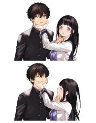 Rule 34 | 1boy, 1girl, black hair, black jacket, blunt bangs, breasts, buttons, chitanda eru, closed eyes, commentary request, green eyes, hair between eyes, hand on another&#039;s face, hand up, hands on another&#039;s face, hands up, highres, hyouka, jacket, long hair, long sleeves, looking at viewer, medium breasts, mery (yangmalgage), open mouth, oreki houtarou, purple eyes, purple neckwear, sailor collar, school uniform, shirt, signature, simple background, smile, tareme, tongue, upper body, white background, white shirt