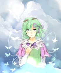 Rule 34 | antennae, bow, bug, butterfly, butterfly wings, cloud, crying, dress, frown, green hair, hair ornament, hair ribbon, highres, insect, insect wings, kohaku (rune factory), long sleeves, lurs, md5 mismatch, open mouth, ribbon, rune factory, rune factory 4, shirt, short hair, solo, wings