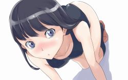 Rule 34 | 1girl, all fours, amagami, ayatsuji tsukasa, black hair, blue eyes, close-up, female focus, hekeniko, long hair, looking at viewer, one-piece swimsuit, simple background, solo, swimsuit