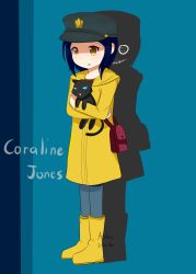 Rule 34 | 1girl, 2016, absurdres, black eyes, blue hair, blue sclera, cat, character name, child, colored sclera, coraline, coraline jones, dated, female focus, full body, hat, highres, standing