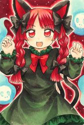 Rule 34 | 1girl, :d, animal ears, bow, braid, cat ears, claw pose, dress, fangs, hair bow, highres, kaenbyou rin, maa (forsythia1729), marker (medium), open mouth, paw pose, red eyes, red hair, smile, solo, touhou, traditional media, twin braids