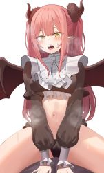 Rule 34 | 1boy, 1girl, :o, absurdres, apron, black panties, blush, breasts, breath, clothing request, commentary, cosplay, demon wings, eyebrows hidden by hair, fakey, frilled sleeves, frills, highres, horns, kitagawa marin, long hair, long sleeves, looking at viewer, medium breasts, navel, open mouth, panties, pointy ears, pov, red hair, rizu-kyun, sidelocks, simple background, solo focus, sono bisque doll wa koi wo suru, steaming body, straddling, sweat, teeth, thighs, tongue, two side up, underwear, upper teeth only, white apron, white background, wings, yellow eyes