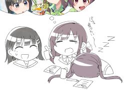 Rule 34 | 3girls, = =, ^ ^, black hair, blunt bangs, bow, bowtie, brown hair, clenched hand, closed eyes, commentary, d:, exhausted, face down, hair bow, hair ornament, hairclip, highres, holding, holding pencil, imagining, long hair, love live!, love live! school idol musical, medium hair, mikasa maya, multiple girls, open mouth, paperwork, partially colored, partially translated, pencil, rayman limbs, short hair, sleeping, smile, sumeragi yuzuha, suzuka rena, sweatdrop, tearing up, tetetsu (yuns4877), thought bubble, translation request, twintails, zzz