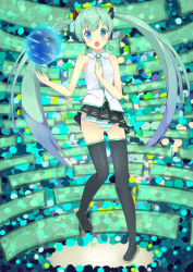 Rule 34 | 1girl, aqua eyes, blush, boots, globe, green hair, hatsune miku, highres, long hair, necktie, open mouth, panties, pantyshot, skirt, solo, striped clothes, striped panties, tell your world (vocaloid), thigh boots, thighhighs, twintails, underwear, upskirt, very long hair, vocaloid