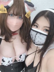 Rule 34 | 2girls, animal ears, animal print, asian, breasts, brown hair, chouzuki maryou, cleavage, collar, corset, cow ears, cow girl, cow print, highres, japanese (nationality), jav, large breasts, makeup, mask, mouth mask, multiple girls, photo (medium), plump
