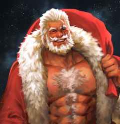 Rule 34 | 1boy, :d, ^ ^, abs, alternate costume, arm hair, bara, bare pectorals, beard, blind, carrying over shoulder, chest hair, christmas, closed eyes, dopey (dopq), closed eyes, facial hair, fur-trimmed jacket, fur trim, gift bag, hair slicked back, hairy, highres, jacket, large pectorals, male focus, mature male, muscular, muscular male, mustache, navel hair, nipples, old, old man, open clothes, open jacket, open mouth, overwatch, overwatch 1, pectorals, reinhardt (overwatch), santa costume, scar, scar across eye, scar on face, short hair, smile, solo, stomach, thick eyebrows, upper body, white hair