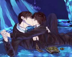 Rule 34 | 2boys, book, brown hair, diary, furayu (flayu), glasses, green eyes, harry potter, harry potter (series), holding hands, kiss, male focus, multiple boys, necktie, numeri (pixiv), quill, school uniform, short hair, striped neckwear, surprised, tape, tom marvolo riddle, uniform, water, wide-eyed, wizarding world, yaoi