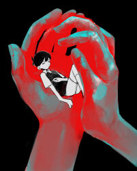 Rule 34 | 1boy, black background, black hair, black vest, carrying, carrying person, closed eyes, collared shirt, dot nose, expressionless, from above, hand focus, hand on own stomach, highres, in palm, knees up, lying, male focus, mdmdmdmd23eng, omori, on back, out of frame, pov, pov hands, romaji commentary, shirt, short hair, shorts, size difference, sunny (omori), vest, white shirt, white shorts