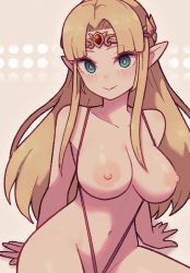 Rule 34 | 1girl, alternate costume, blonde hair, blue eyes, blush, breasts, commentary, crown, elf, english commentary, lamb-oic029, large breasts, long hair, looking at viewer, navel, nintendo, nipples, nude, pointy ears, princess zelda, shiny skin, slingshot swimsuit, smile, solo, swimsuit, the legend of zelda, the legend of zelda: a link between worlds, tiara