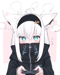 Rule 34 | 1girl, ahoge, animal ear fluff, animal ears, black hairband, black jacket, blue eyes, blush, border, commentary request, controller, earrings, embarrassed, fox ears, fox girl, game controller, hair between eyes, hairband, hands up, high collar, highres, holding, holding controller, holding game controller, hololive, jacket, jewelry, long sleeves, looking at viewer, official alternate costume, pink background, shirakami fubuki, shirakami fubuki (loungewear), sidelocks, simple background, single earring, solo, steam, tensann3, upper body, white border, white hair