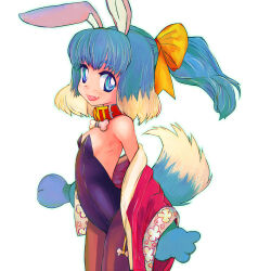 Rule 34 | 1girl, :d, animal collar, animal ears, animal hands, arched back, bare shoulders, blue eyes, blue hair, blue tail, bone, bow, breasts, brown pantyhose, collar, cowboy shot, dog ears, dog girl, dog tail, fake animal ears, floating hair, floppy ears, gloves, hair bow, hairband, highres, inu-t, legs together, leotard, light blue hair, medium hair, multicolored tail, nt-tan, open mouth, os-tan, pantyhose, paw gloves, pink hairband, playboy bunny, rabbit ears, red collar, simple background, small breasts, smile, solo, standing, strapless, strapless leotard, tail, tsukiyono aroe, white background, white tail, wide sleeves, yellow bow