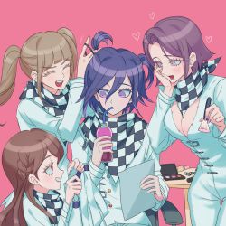 Rule 34 | 1boy, 3girls, absurdres, androgynous, black scarf, blunt bangs, blush, bodysuit, bottle, braid, breasts, brown hair, checkered clothes, checkered scarf, cleavage, closed eyes, cowboy shot, danganronpa (series), danganronpa v3: killing harmony, dice members (danganronpa), drinking, drinking straw, eye contact, grey bodysuit, grey jacket, grey pants, grey skirt, grin, hair between eyes, hand up, heart, highres, holding, holding brush, jacket, large breasts, long hair, long sleeves, looking at another, looking down, multiple girls, open mouth, oma kokichi, pants, pink background, pink eyes, pink hair, scarf, short hair, simple background, skirt, smile, ttegi (ddeck dg), twintails, tying hair, upper body, white scarf