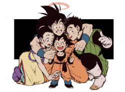Rule 34 | 1girl, 3boys, ^ ^, bad id, bad twitter id, black background, black eyes, black hair, boots, brothers, chi-chi (dragon ball), clenched hands, closed eyes, couple, dougi, dragon ball, dragonball z, earrings, family, father and son, fingernails, full body, gloves, halo, happy, hetero, hug, jewelry, kneeling, mother and son, multiple boys, open mouth, short hair, siblings, simple background, smile, son gohan, son goku, son goten, spiked hair, standing, sweatdrop, teeth, thumbs up, two-tone background, white background, wristband