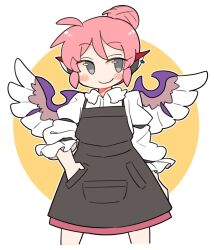 Rule 34 | 1girl, alternate hairstyle, animal ears, apron, bird ears, bird wings, black apron, blush, closed mouth, collared shirt, commentary, cropped legs, earrings, grey eyes, hair between eyes, ini (inunabe00), jewelry, long sleeves, mystia lorelei, pink hair, shirt, short hair, single earring, sleeve garter, smile, solo, touhou, white shirt, white wings, wings