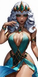 Rule 34 | ai-generated, dress, league of legends, qiyana (league of legends), white background, white hair