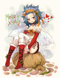 Rule 34 | 1girl, bag, bell, blue hair, boots, bra, breasts, brown eyes, brown shorts, cleavage, collar, collarbone, detached sleeves, earrings, fairy tail, frilled sleeves, frills, fur-trimmed boots, fur-trimmed bra, fur-trimmed sleeves, fur trim, hair ornament, headband, heart, high heel boots, high heels, highres, jewelry, knee boots, levy mcgarden, long hair, long sleeves, looking at viewer, medium breasts, merry christmas, midriff, nail polish, neck bell, own hands together, parted lips, red bra, red footwear, red nails, red sleeves, ribbon-trimmed legwear, ribbon trim, rusky, short shorts, shorts, sitting, solo, stomach, strapless, strapless bra, tattoo, thighhighs, underwear, white thighhighs, zettai ryouiki