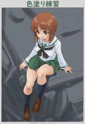 Rule 34 | 1girl, arm support, artist name, black neckerchief, black socks, blouse, brown eyes, brown footwear, brown hair, commentary request, dated, girls und panzer, green skirt, loafers, long sleeves, military, military vehicle, miniskirt, motor vehicle, neckerchief, nishizumi miho, nyororiso (muyaa), ooarai school uniform, open mouth, panzer iv, panzer iv, pleated skirt, school uniform, serafuku, shirt, shoes, short hair, signature, skirt, smile, socks, solo, tank, translated, white shirt