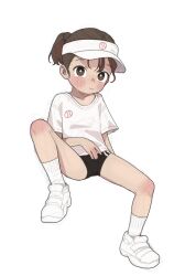 Rule 34 | 1girl, absurdres, child, female focus, full body, hat, highres, looking at viewer, opossumachine, original, ponytail, shirt, shoes, simple background, sitting, socks, solo, spread legs, white background, white footwear, white socks