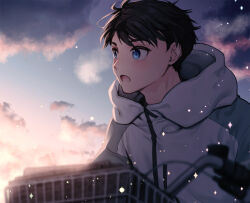 Rule 34 | 1boy, asahina haruka, bicycle, bicycle basket, black hair, blue eyes, blurry, blurry foreground, hood, hood down, hooded jacket, jacket, open mouth, outdoors, overtake!, riding, riding bicycle, short hair, slthny, solo, sunrise