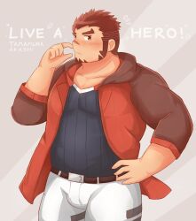 Rule 34 | 1boy, akashi (live a hero), bara, blush, bulge, cowboy shot, facial hair, finger to cheek, flying sweatdrops, goatee, highres, jacket, large pectorals, live a hero, long sideburns, looking at viewer, male focus, muscular, muscular male, official alternate costume, pants, pectorals, red eyes, red hair, rubbing nose, scar, scar on face, scar on nose, short hair, shy, sideburns, solo, standing, thick eyebrows, watanukitail