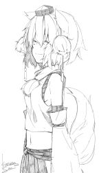 1girl animal_ears detached_sleeves female_focus greyscale hat highres inubashiri_momiji monochrome navel seu_kaname sketch smile solo tail tokin_hat touhou wolf_ears wolf_tail