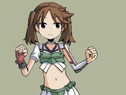 Rule 34 | 1girl, asymmetrical clothes, brown eyes, brown hair, choker, cosplay, fingerless gloves, gloves, hair tie, japanese clothes, kantai collection, katsuragi (kancolle), katsuragi (kancolle) (cosplay), midriff, navel, pleated skirt, ryuujou (kancolle), single glove, sixten, skirt, smile, solo, twintails, upper body