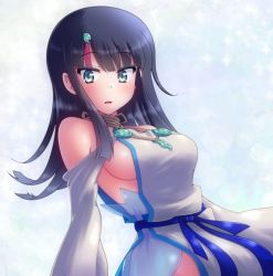 Rule 34 | 1girl, bare shoulders, black hair, blue eyes, blue ribbon, blush, breasts, dress, fate/grand order, fate/requiem, fate (series), jewelry, kasabou, large breasts, long sleeves, looking at viewer, magatama, magatama hair ornament, medium hair, multicolored hair, necklace, open mouth, pelvic curtain, pink hair, puffy long sleeves, puffy sleeves, ribbon, short dress, sideboob, sideless outfit, streaked hair, utsumi erice, white dress